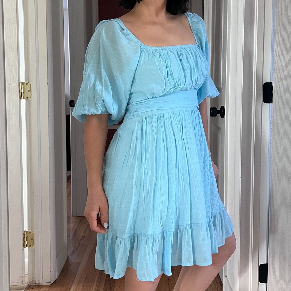 puff sleeve open back mini dress light blue princess costume summer vacation Med - Picture 7 of 15
